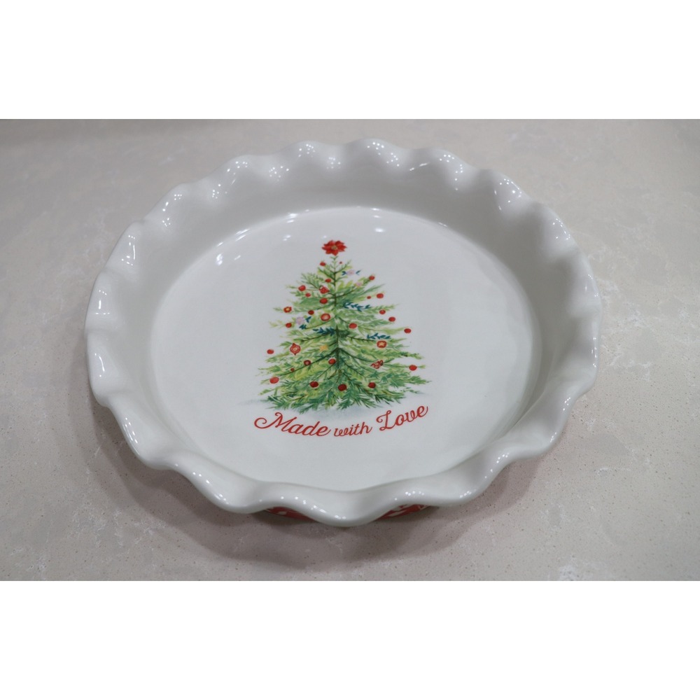 Pioneer Woman Christmas Tree Pie Dish Ruffled Stoneware Baker Red White 10.5in